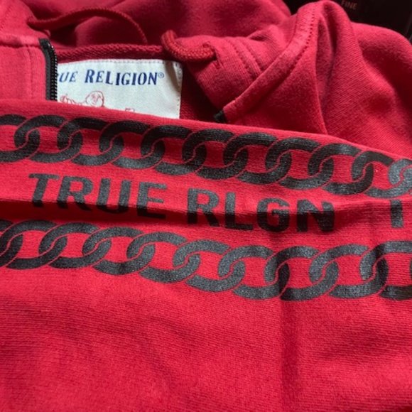 Mens True Religion Red Graphic Sleeve Zip Hood Lg - Picture 2 of 3